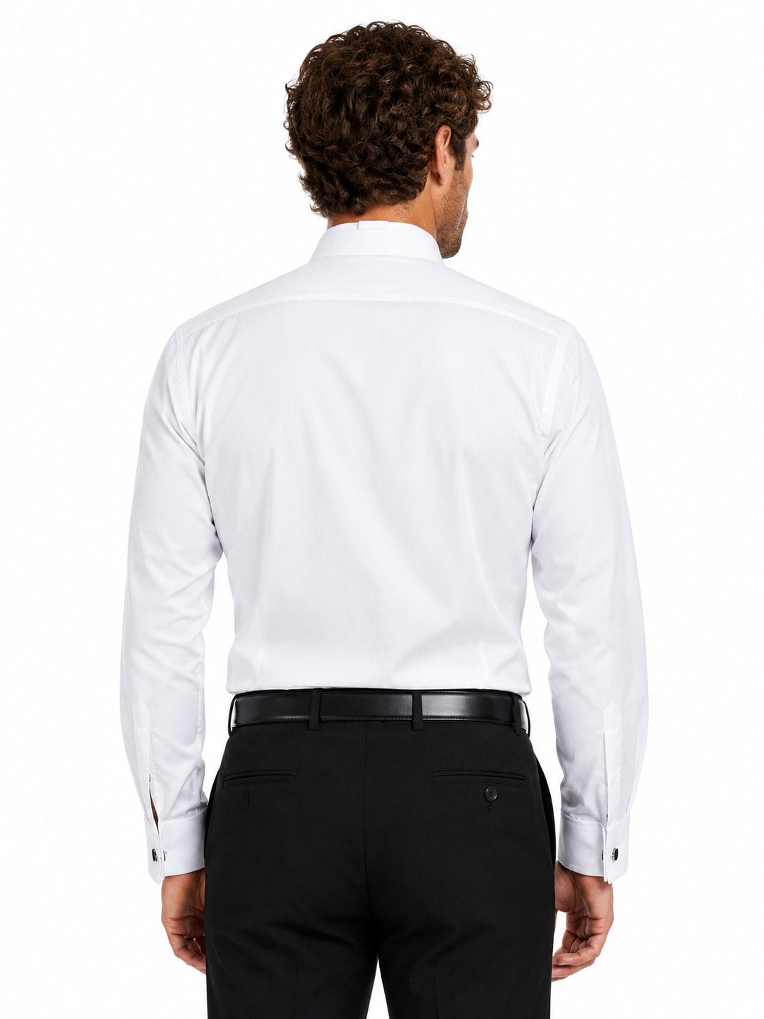 Man wearing a white clerical shirt and black pants on a white background