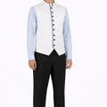 Man wearing a light blue dress shirt, white vest with black buttons  and black pants on a white background