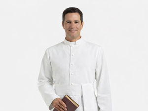 Man wearing a white robe holding a book on a white background