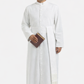 Man wearing a white robe holding a book on a white background