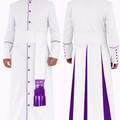 White robe with purple accents worn by a model on a white background