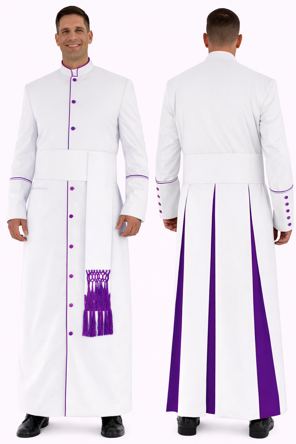 White robe with purple accents worn by a model on a white background