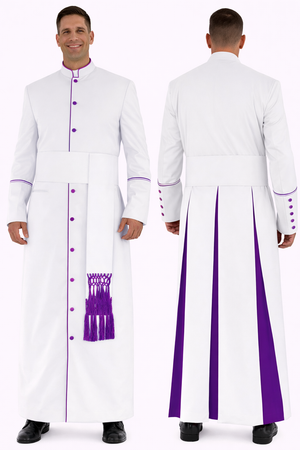 White robe with purple accents worn by a model on a white background