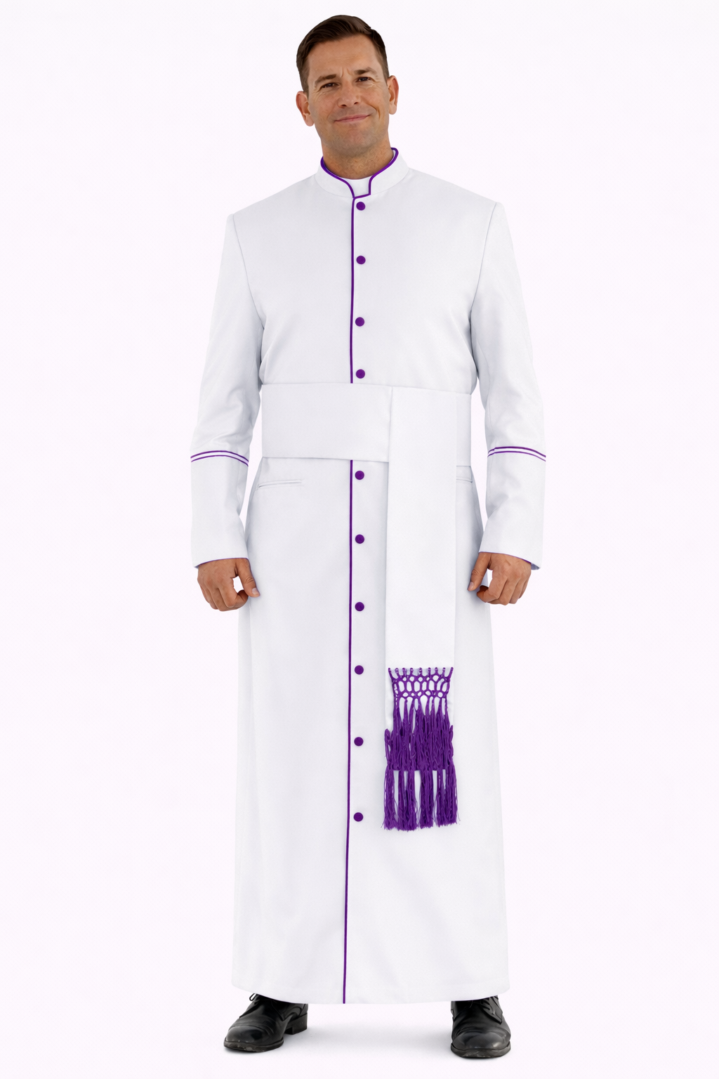 White robe with purple accents worn by a person on a white background