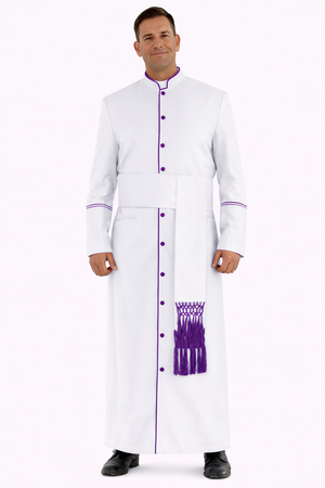 White robe with purple accents worn by a person on a white background