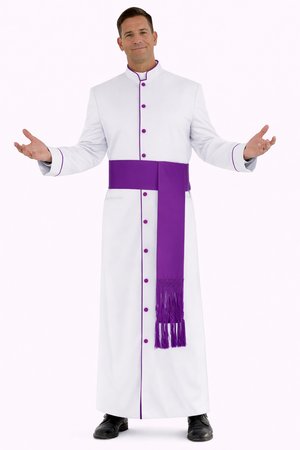 Man wearing a white robe with a purple sash on a white background