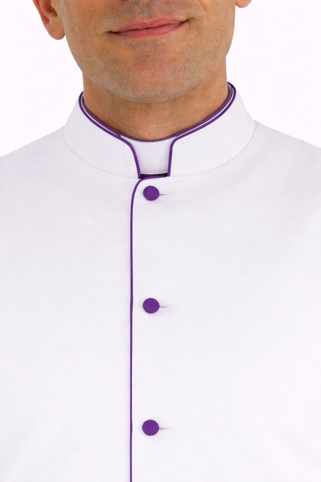 White cassock with purple buttons on a white background