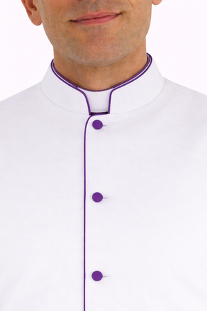 White cassock with purple buttons on a white background