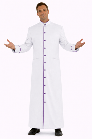 Man wearing a long white cassock with purple buttons on a white background