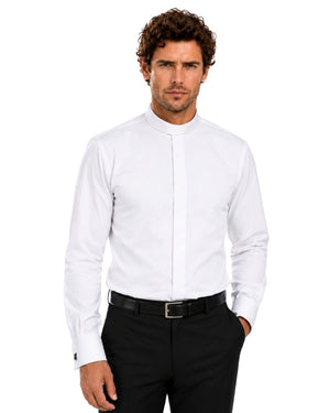 Man wearing a white clerical shirt and black pants on a white background