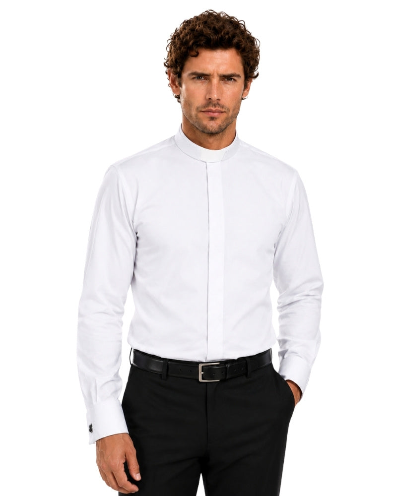 Man wearing a white clerical shirt and black pants on a white background