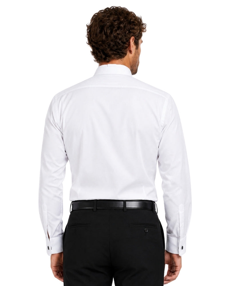 Man wearing a white clerical shirt and black pants on a white background