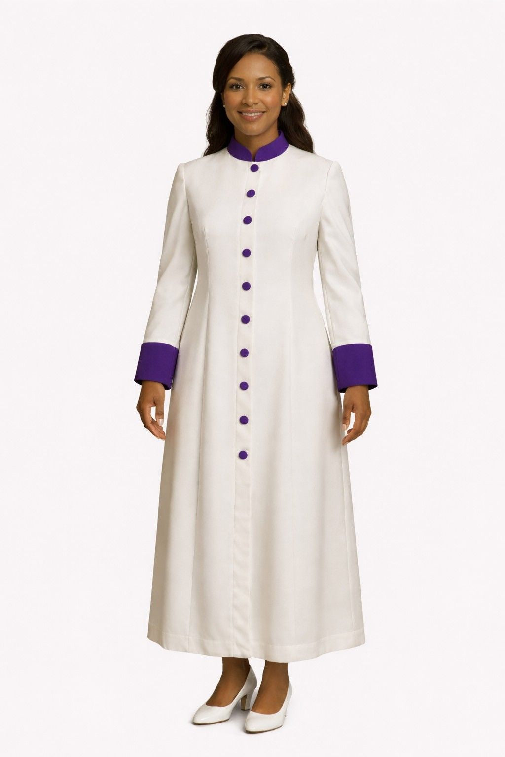 Woman wearing a long white robe with purple accents on a white background