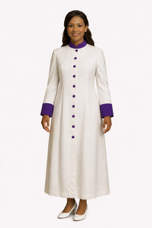 Woman wearing a long white robe with purple accents on a white background