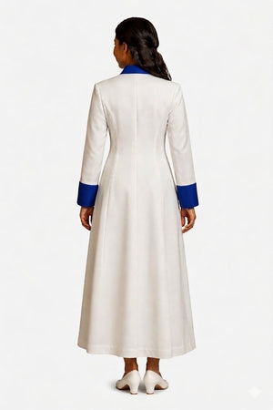 Woman wearing a long white robe with blue accents on a white background