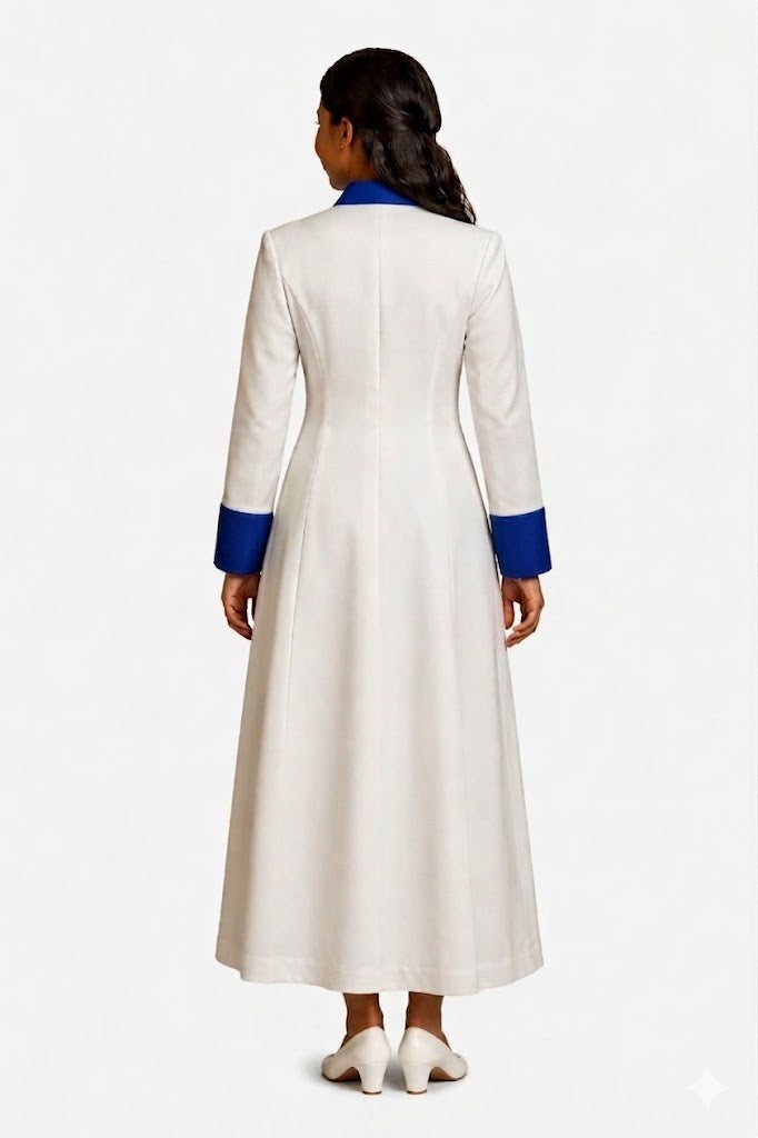 Woman wearing a long white robe with blue accents on a white background