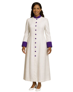 A woman modeling a long white prayer robe with purple trim at the collar, cuffs, and a matching purple button-down front, shown against a plain white background.