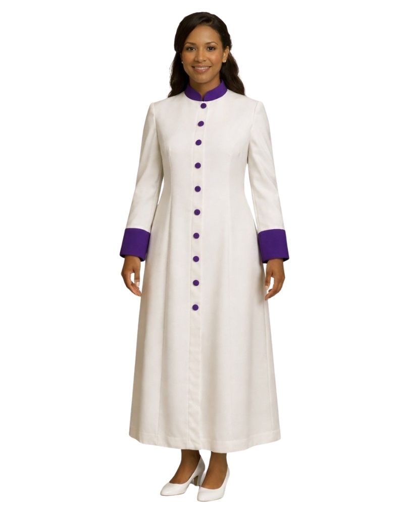 A woman modeling a long white prayer robe with purple trim at the collar, cuffs, and a matching purple button-down front, shown against a plain white background.