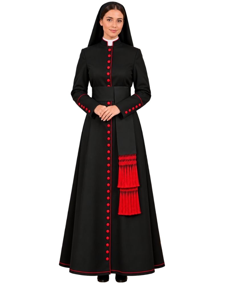 A woman modeling a Black And Red Clergy Cassock and red decorative tassels, styled like a nun's habit, against a plain white background.