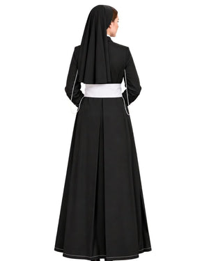 A woman shown from the back wearing a  Black Clergy Cassock with a wide white waistband and small white piping details, against a plain white background.
