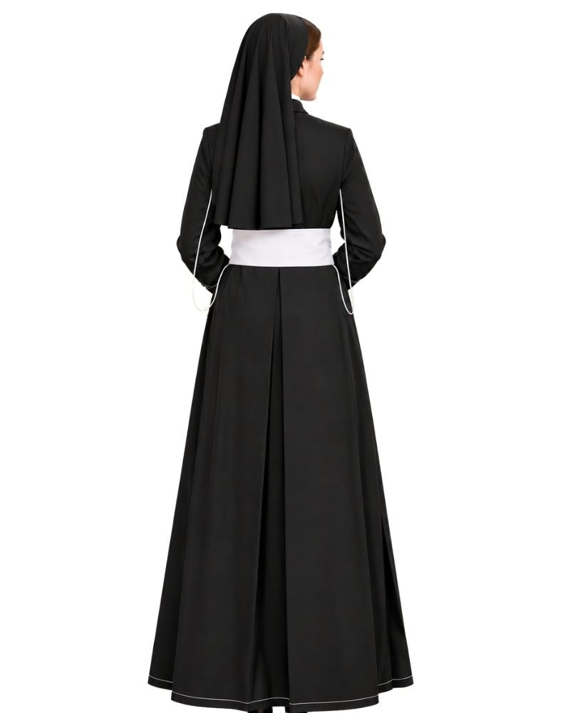 A woman shown from the back wearing a  Black Clergy Cassock with a wide white waistband and small white piping details, against a plain white background.