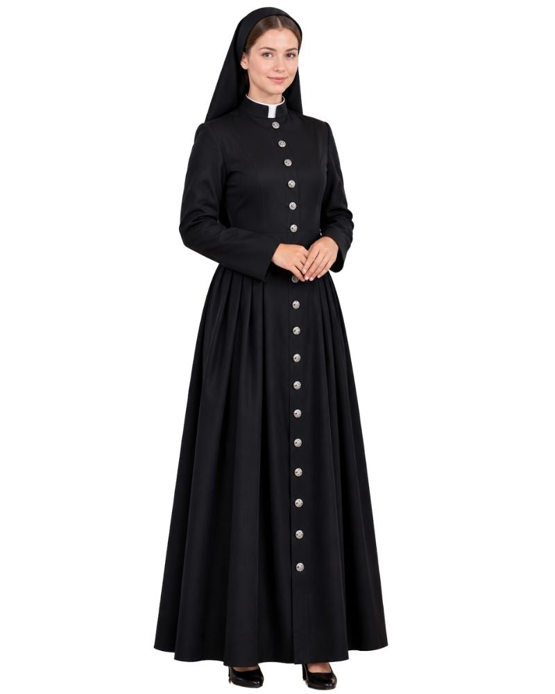 A woman modeling a Close Fitting Full Length Priest Cassock with a high collar, long sleeves, and a front button closure, set against a plain white background.