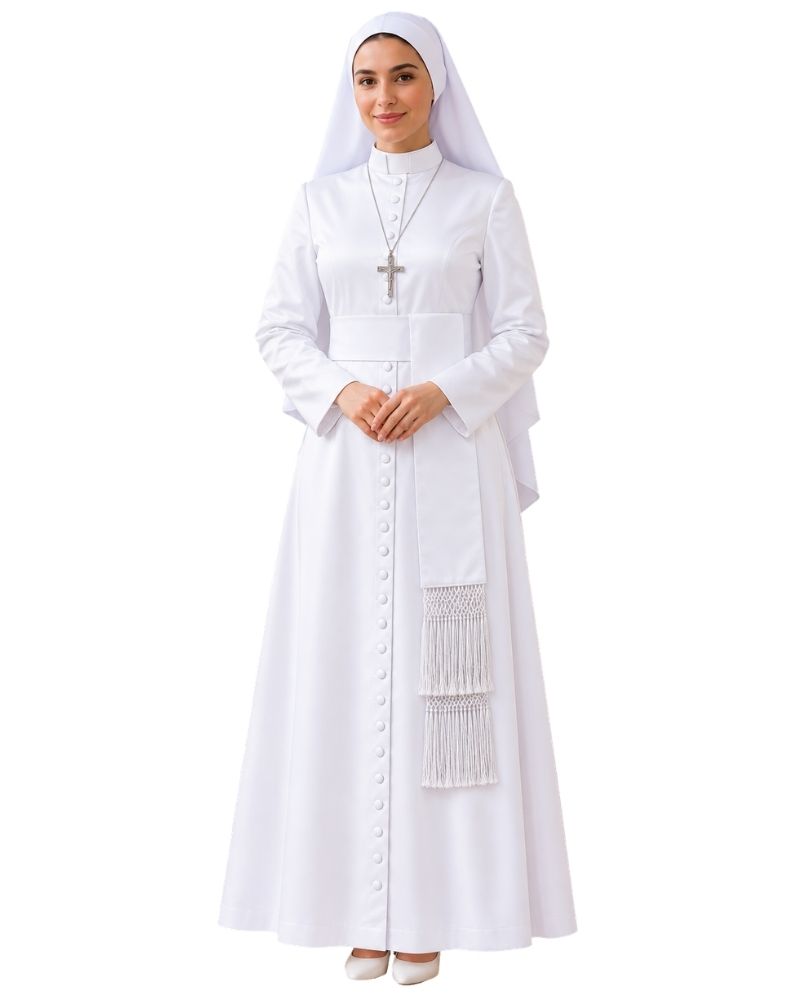 Woman wearing Divine Elegance White Clergy Cassock against the white background.