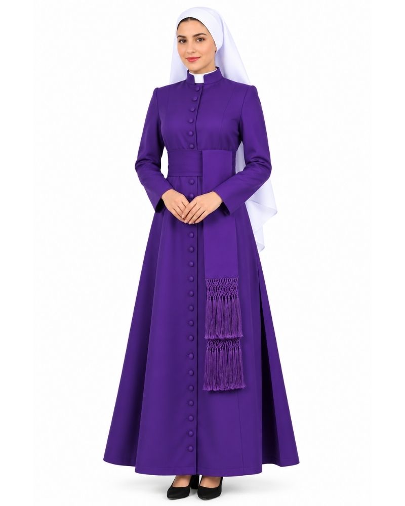 A woman modeling a Roman Purple Cassock, Roman Purple buttons, and a white veil against a plain white background. 