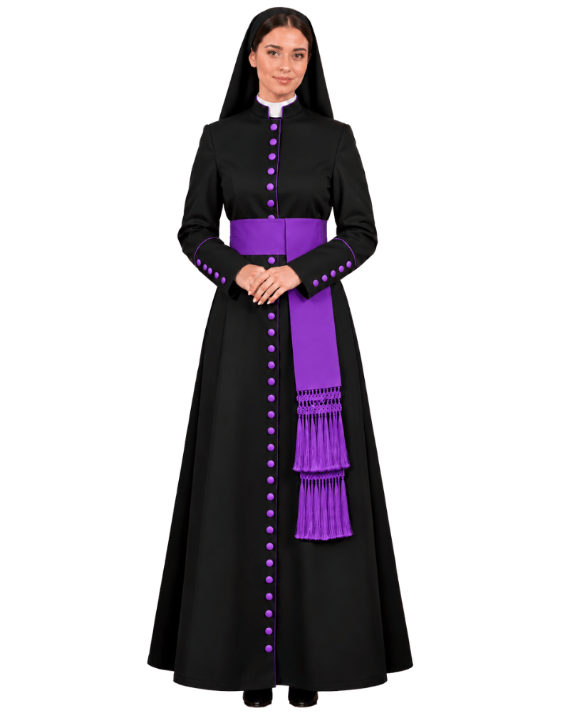 A woman modeling a Tabitha Black Cassock With Purple Trim and purple decorative tassels, styled like a nun's habit, against a plain white background.