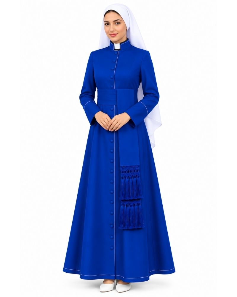 A woman modeling a Traditional Royal Blue Clergy Cassock, Royal Blue buttons, and a white veil against a plain white background. 