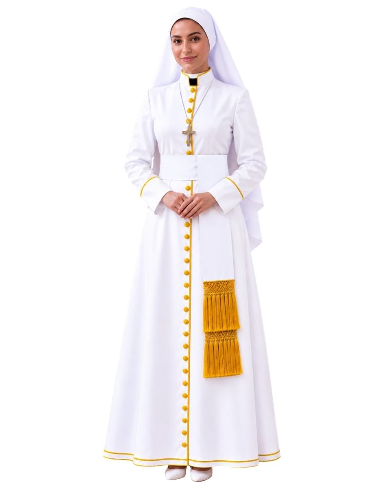 A woman modeling a White Clergy Cassock with gold trim, a white veil, and a black collar, set against a plain white background.