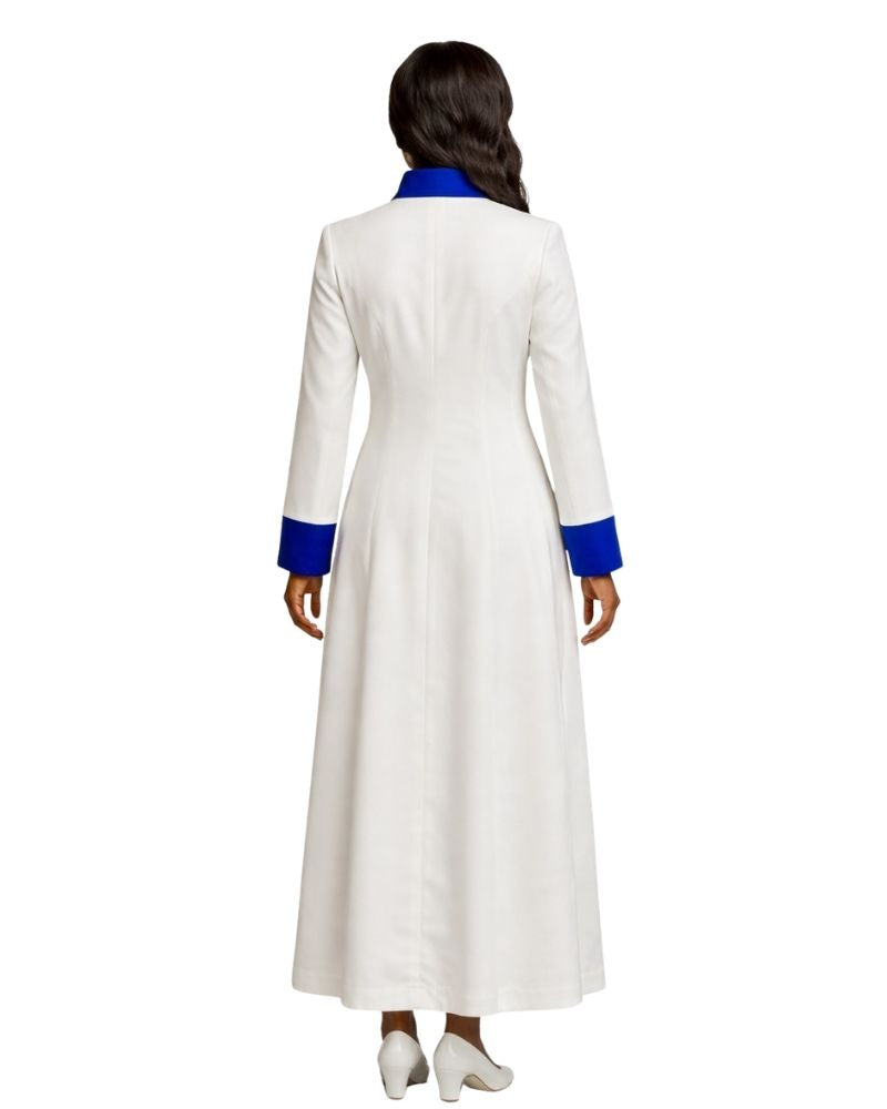 A woman shown from the back wearing a long white robe with contrasting royal blue trim at the collar and cuffs, photographed against a plain white background.
