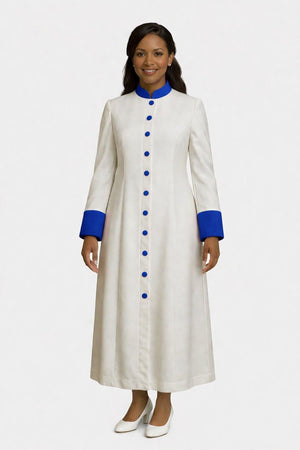 Woman wearing a long white robe with blue accents on a white background