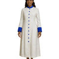A woman modeling a long white or off-white long-sleeve robe with bright blue trim at the collar, cuffs, and a vertical row of blue buttons down the front, photographed against a plain white background.