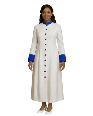 A woman modeling a long white or off-white long-sleeve robe with bright blue trim at the collar, cuffs, and a vertical row of blue buttons down the front, photographed against a plain white background.