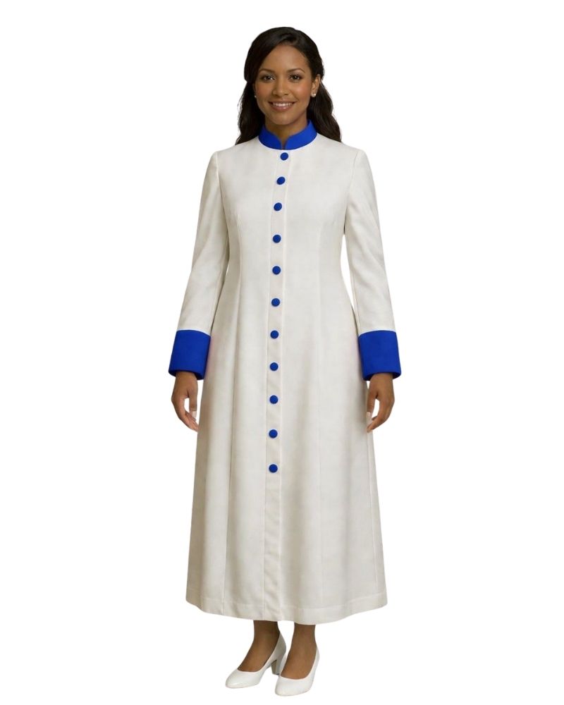 A woman modeling a long white or off-white long-sleeve robe with bright blue trim at the collar, cuffs, and a vertical row of blue buttons down the front, photographed against a plain white background.