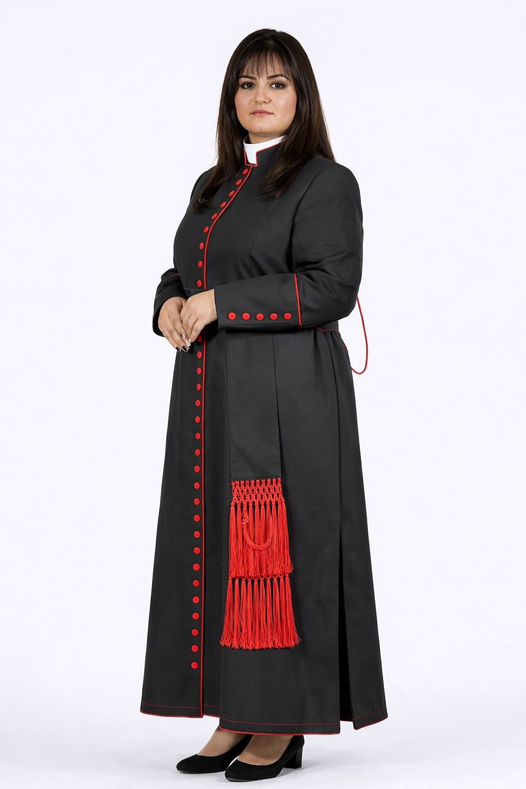 Woman wearing a black coat with red accents on a white background