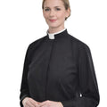 Women wearing a black clerical collar shirt on a white background
