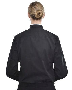 Women wearing a black clerical collar shirt on a white background