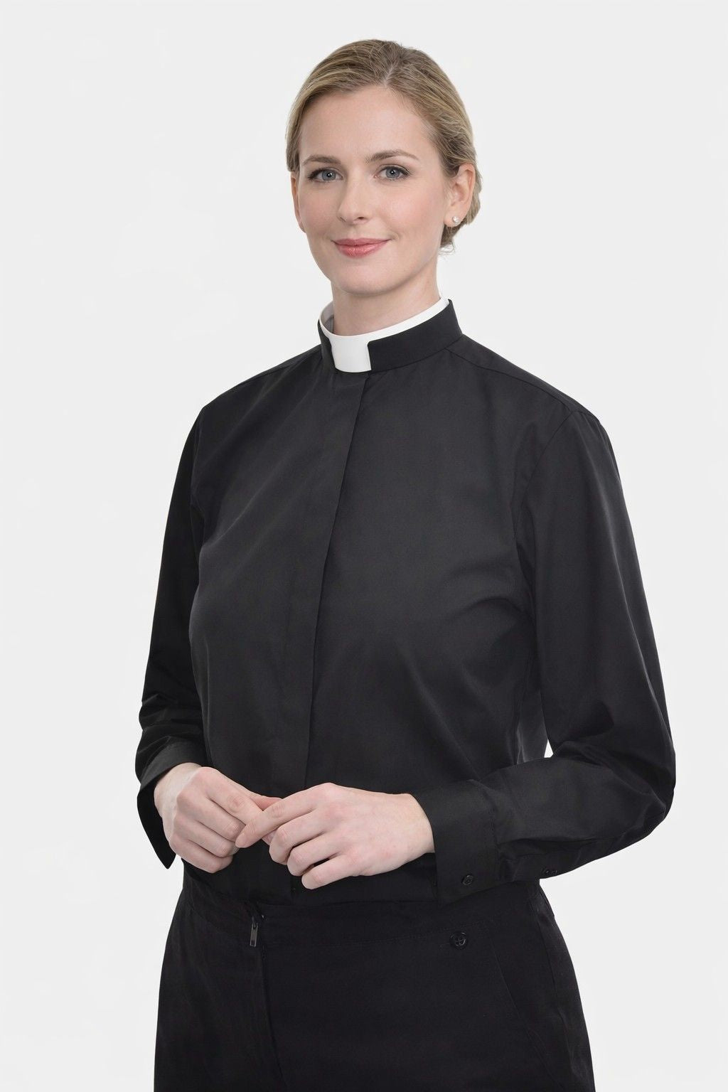 Women wearing a black clerical collar outfit on a white background