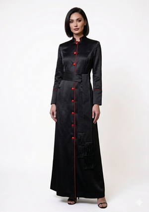 Woman wearing a black dress with red buttons on a white background