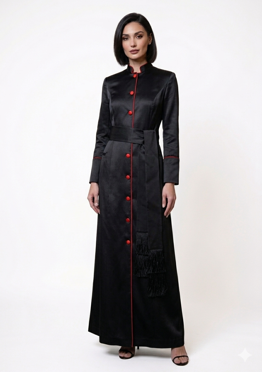 Woman wearing a black dress with red buttons on a white background