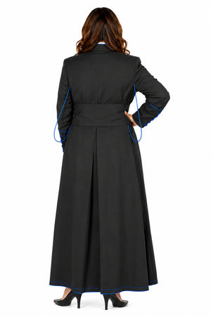 Black long robe with blue trim worn by a woman on a white background
