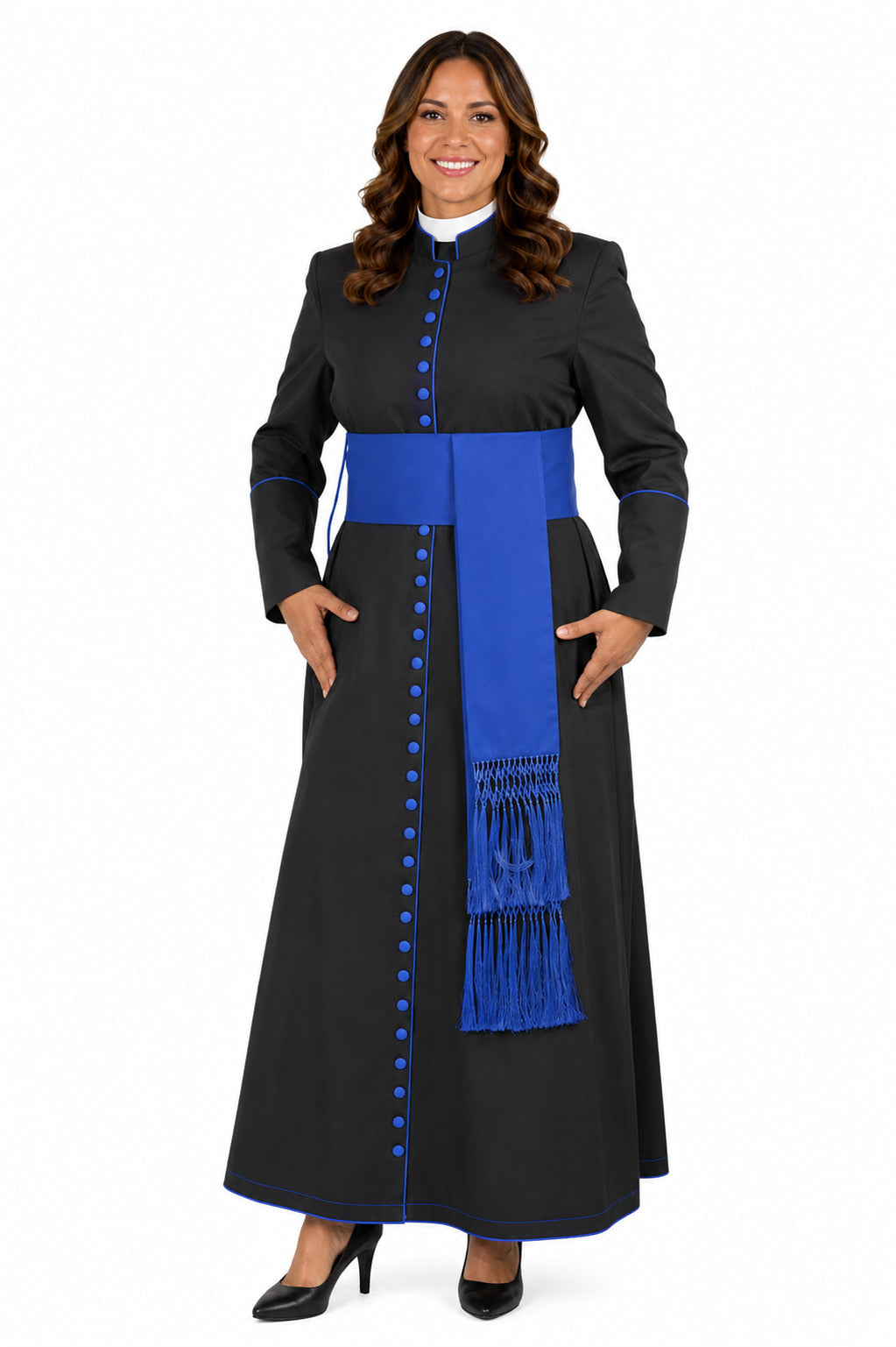 Woman wearing a black robe with blue accents and a matching blue scarf on a white background