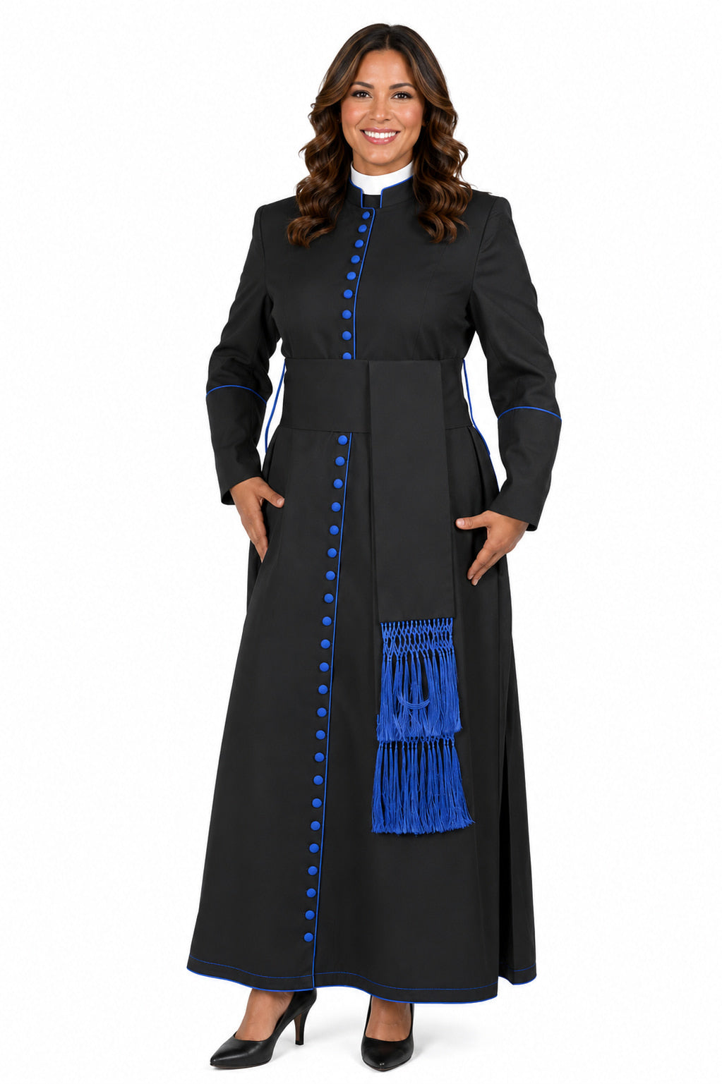 Woman wearing a black robe with blue accents on a white background