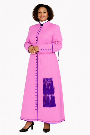 Woman wearing a pink robe with purple accents on a white background