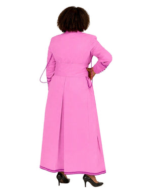A woman shown from the back wearing a bright pink long cassock with a tie belt at the waist, photographed against a plain white background.