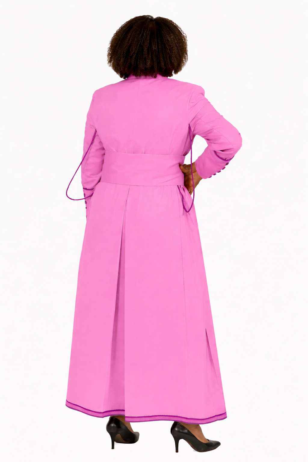 Women wearing a pink dress with a white background