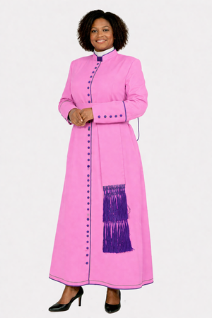 Woman wearing a pink robe with purple accents on a white background