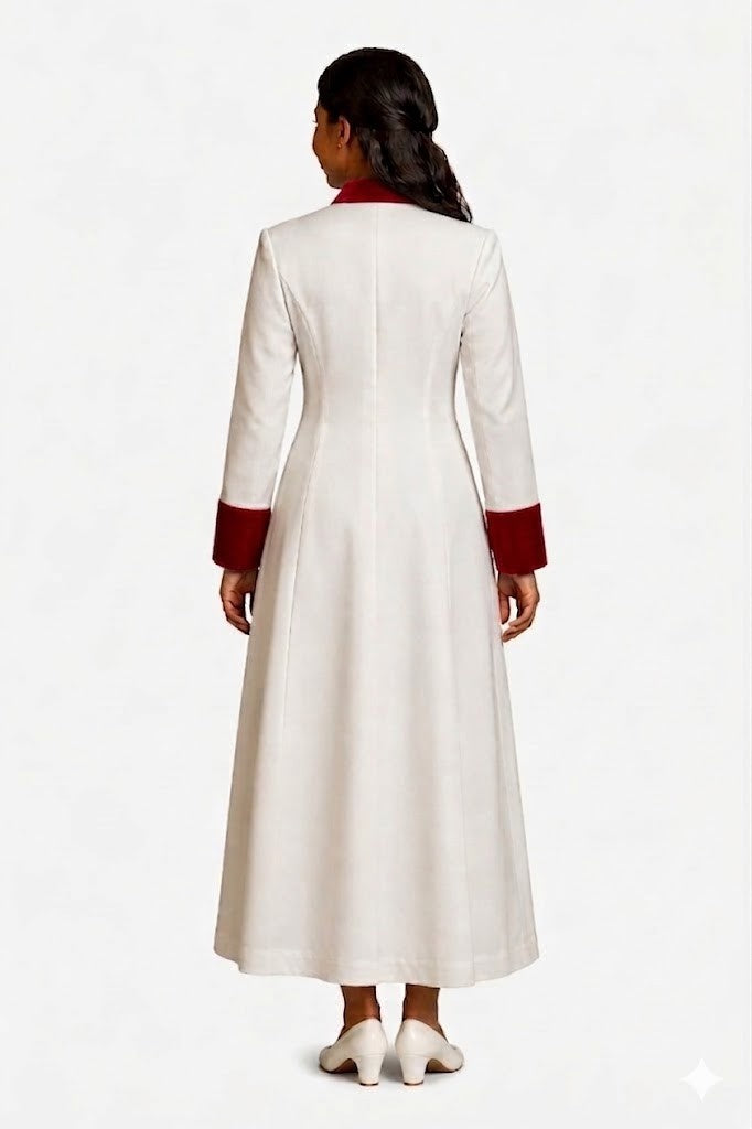 Woman wearing a long white robe with red cuffs and hem on a white background